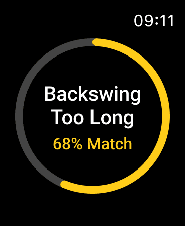 Apple Watch Swing Signature alert showing backswing too long with a 68% match score