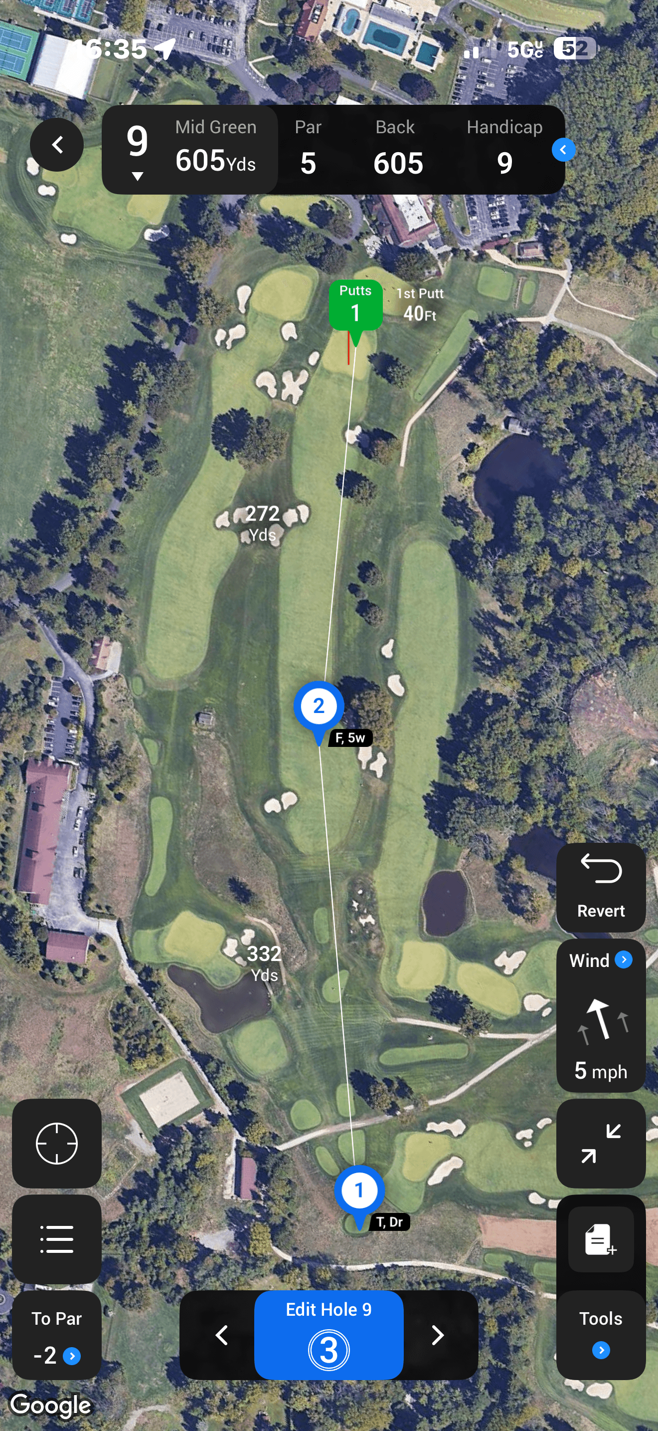 Aerial map view of the par-5 9th at Aronimink showing Aaron Rai's tee shot, 5-wood approach, and 40-foot eagle putt path