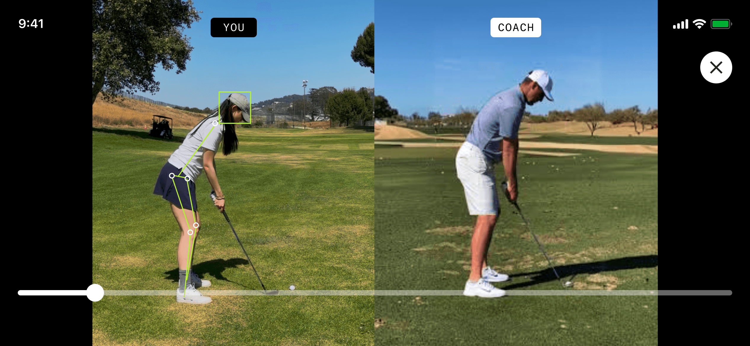 AI Swing Analyzer comparison of a golfer’s swing with a coach’s example