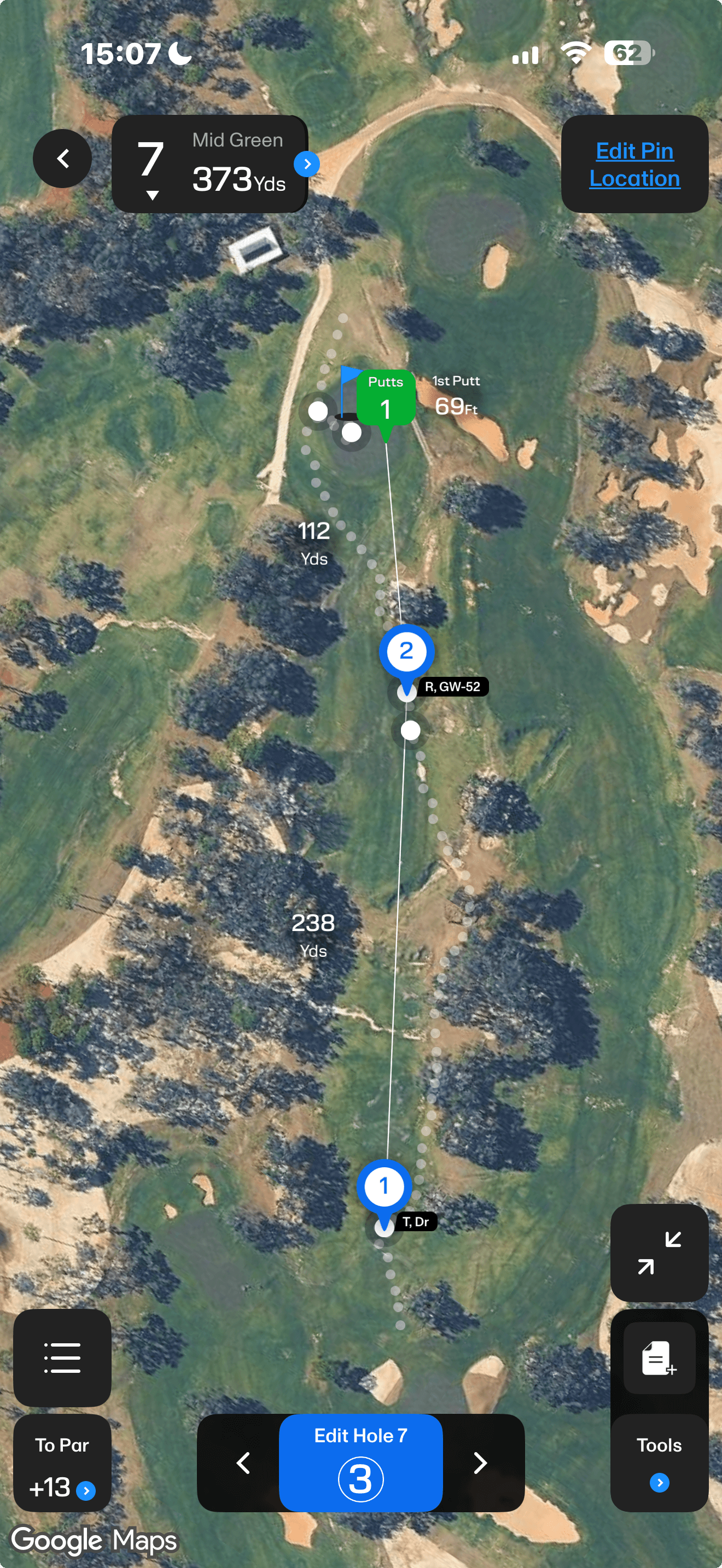 Individual shot shown on its hole map.