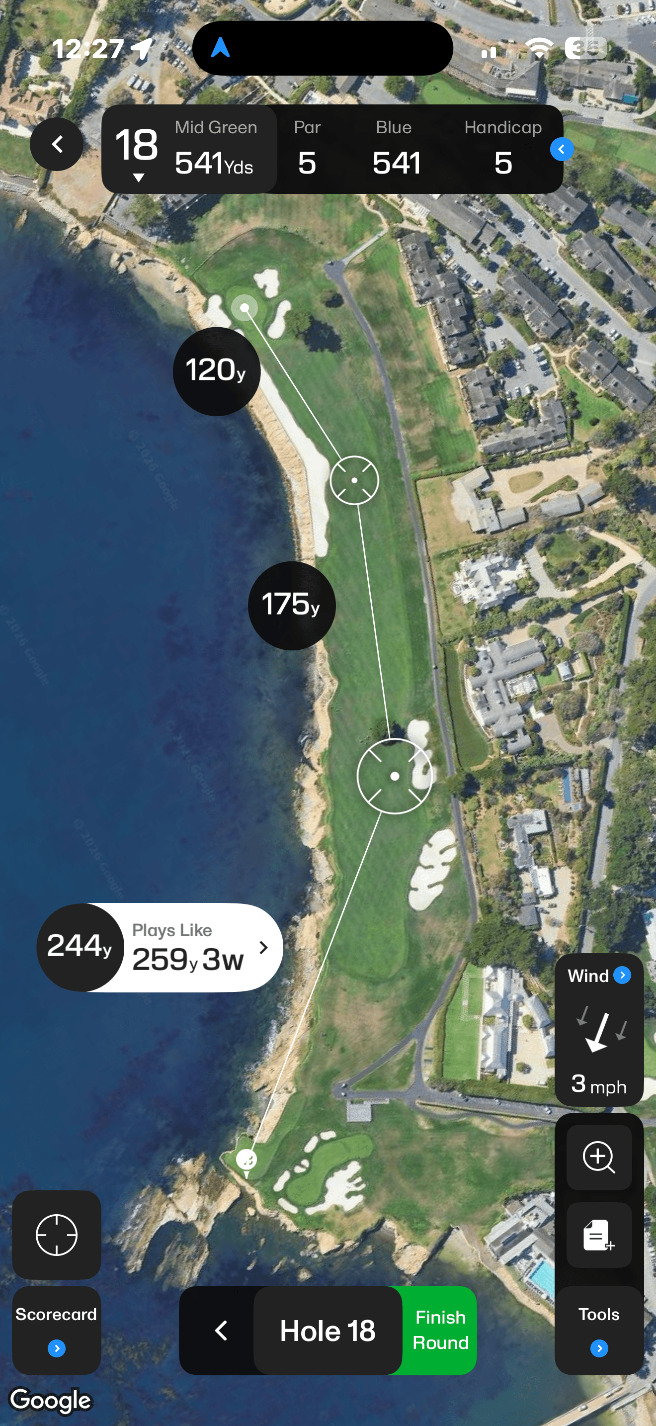 Pebble Beach Golf Links Hole 18 shown in the 18Birdies Satellite Map