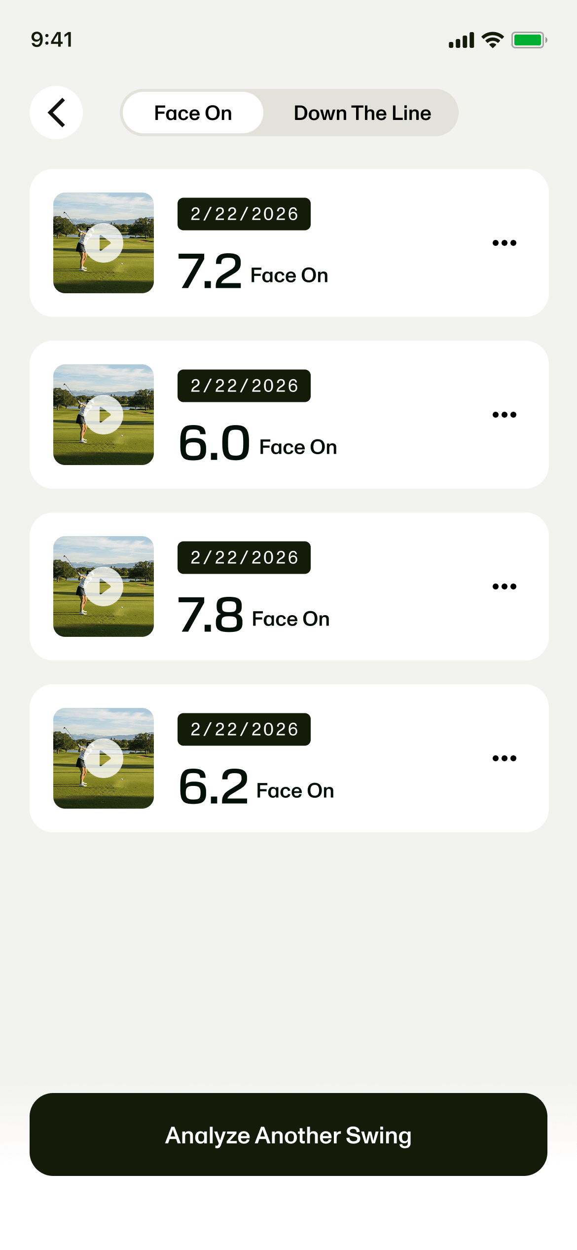 AI Swing Analyzer past analyses and swing scores