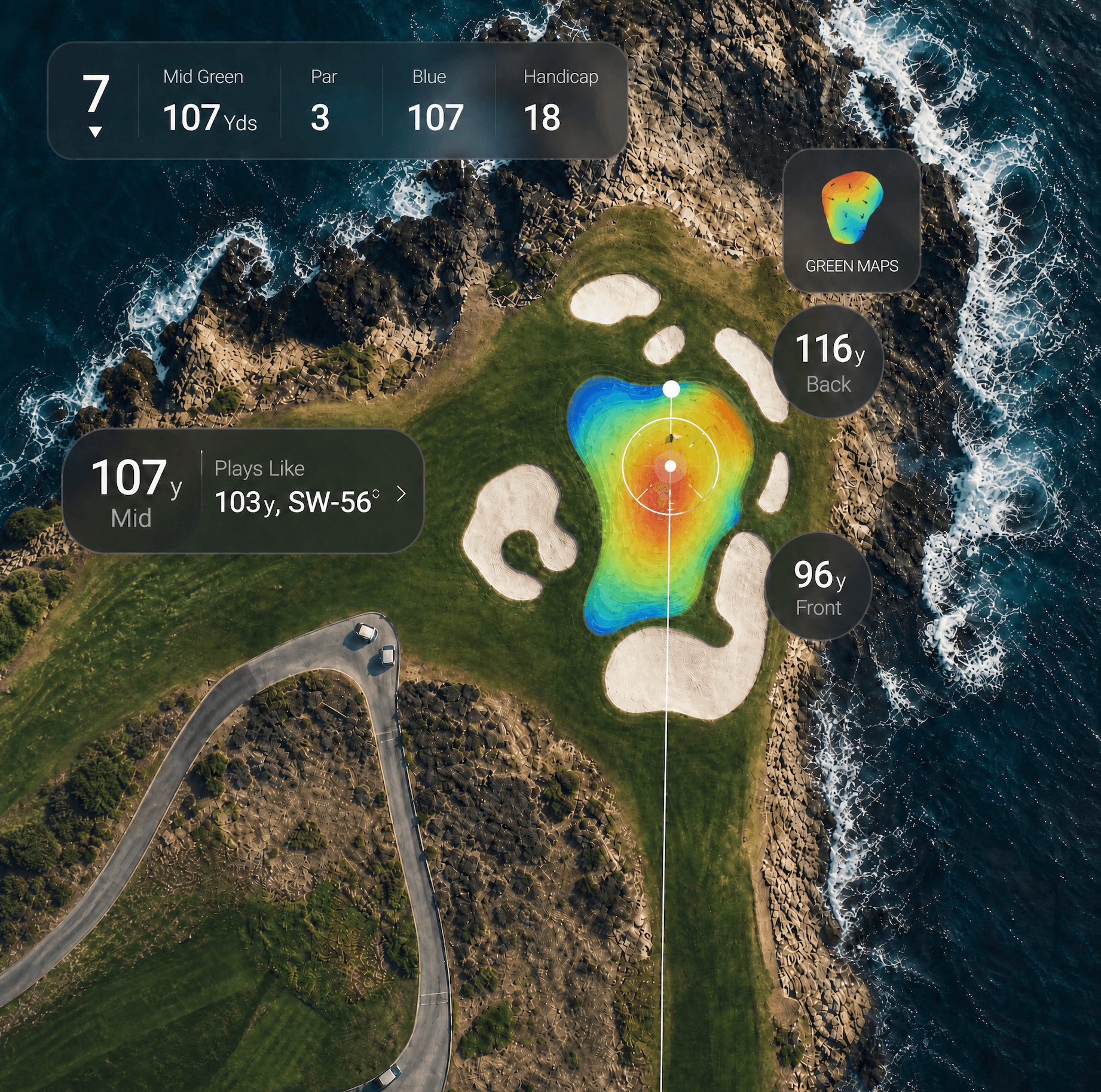 18Birdies app showing Plays Like distance, Club Recommendations, and Green Maps on a golf course