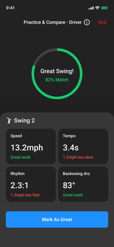 18Birdies Swing Signature dashboard showing 82% match