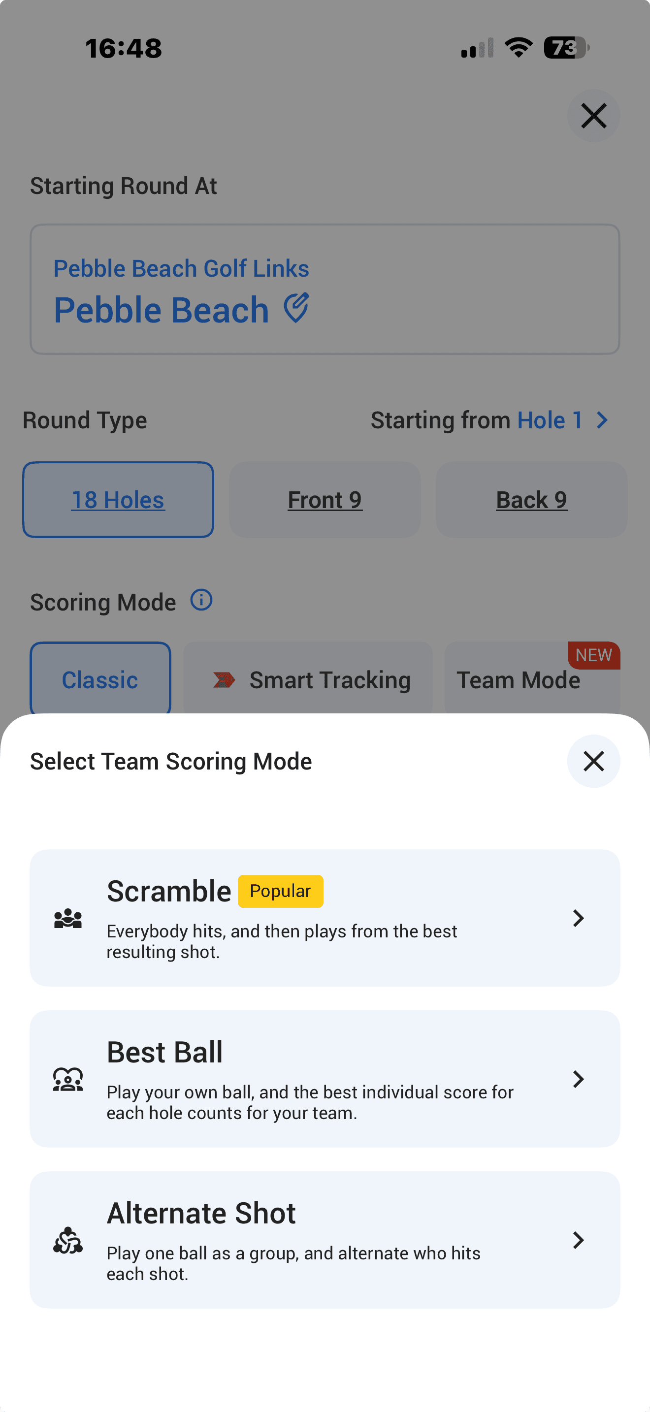 18Birdies Team Mode setup screen showing Scramble, Best Ball, and Alternate Shot options for a round at Pebble Beach Golf Links