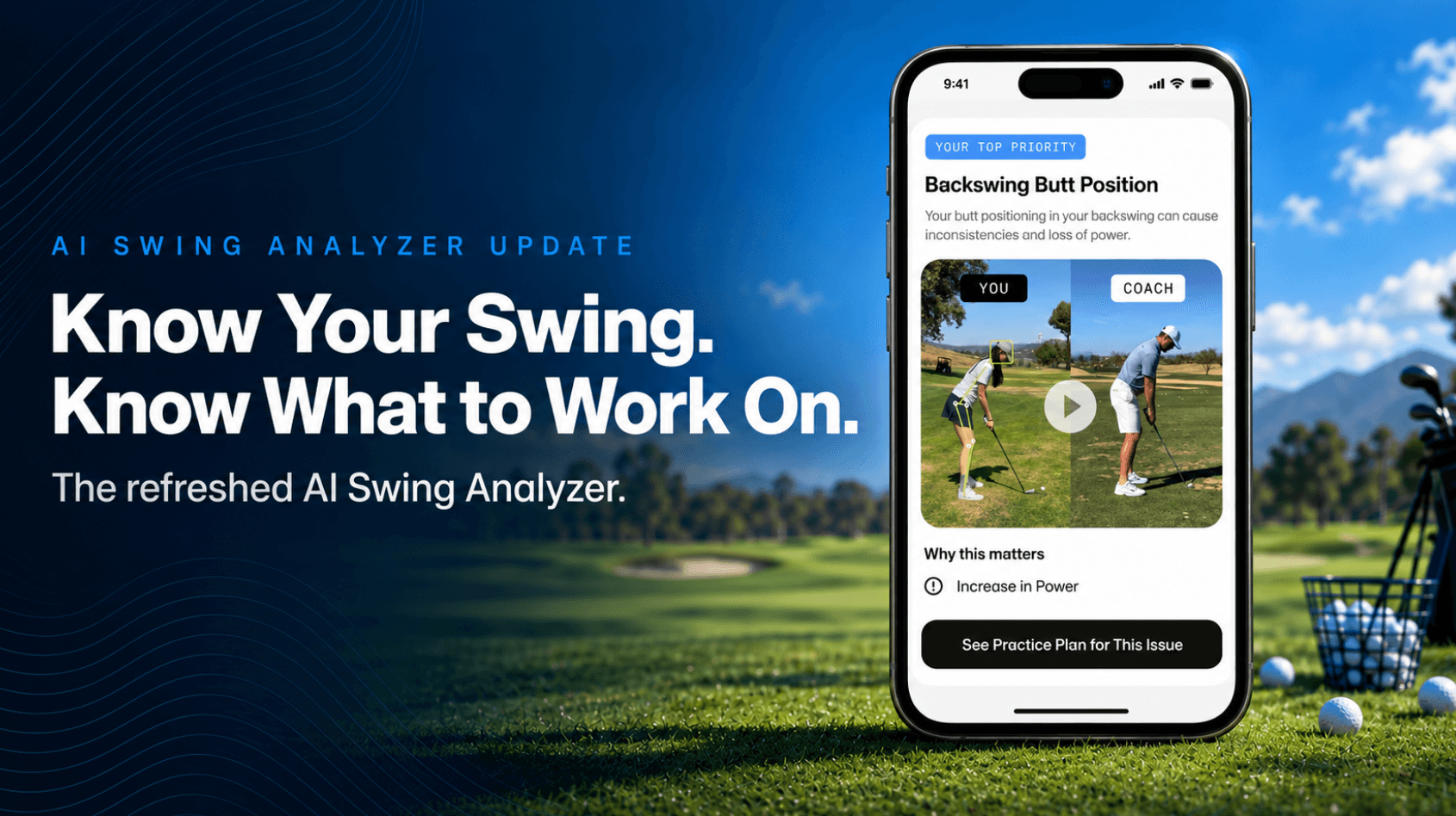 Know Your Swing. Know What to Work On. AI Swing Analyzer phone mockup showing a Top Priority and golfer-to-coach comparison.