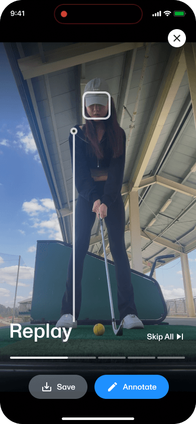 Instant Swing Playback Face-On View with automatic head box and lead shoulder line