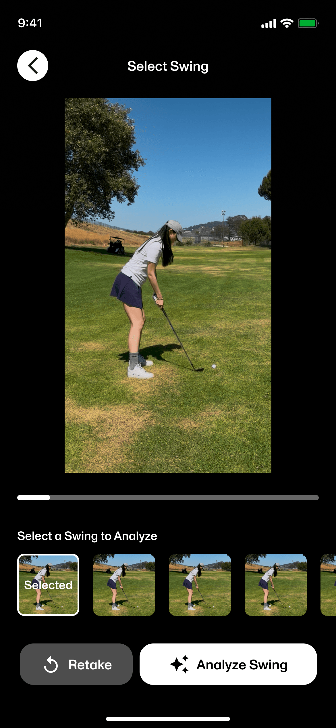 AI Swing Analyzer swing selection and automatic trimming screen