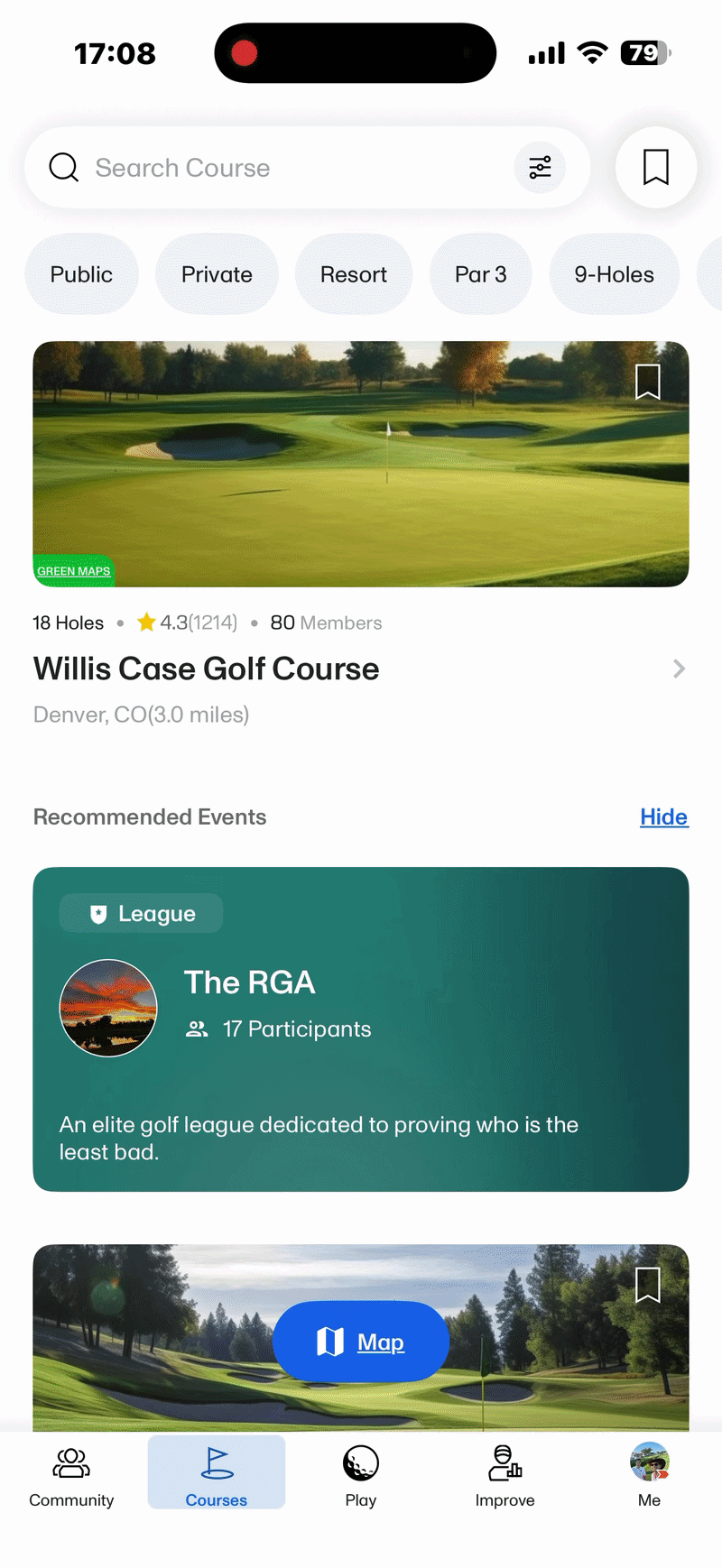 Filtering for Youth on Course courses in the 18Birdies app