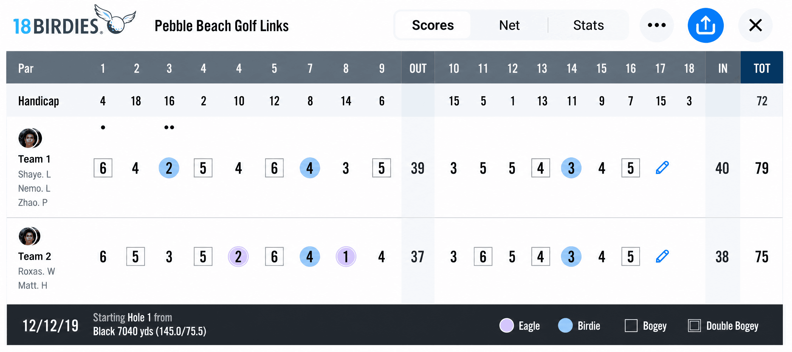 18Birdies Best Ball scorecard showing team scores