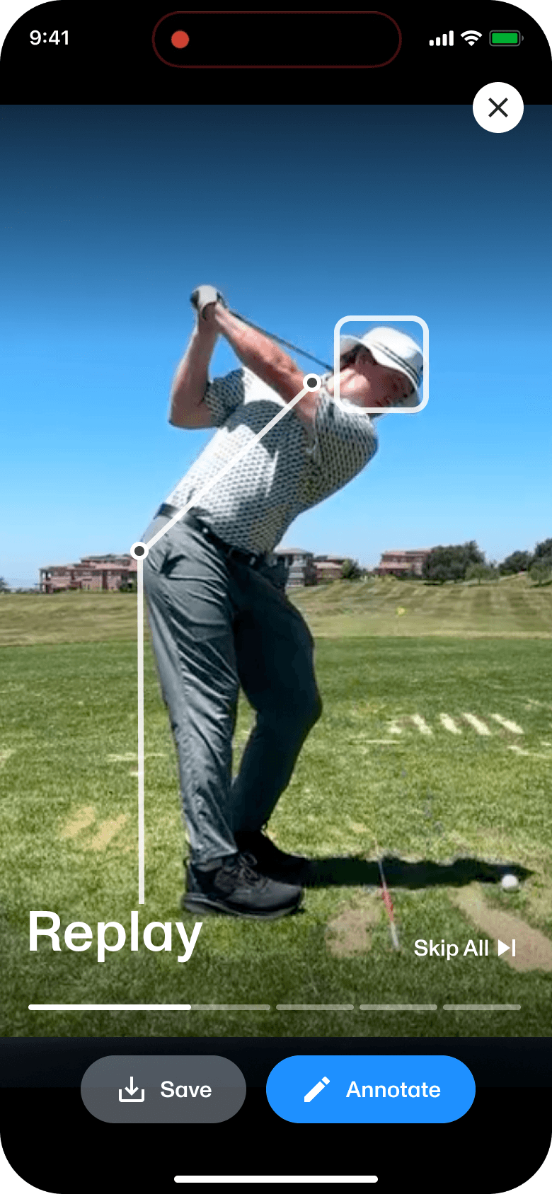 Instant Swing Playback Down-the-Line View with white automatic posture reference lines