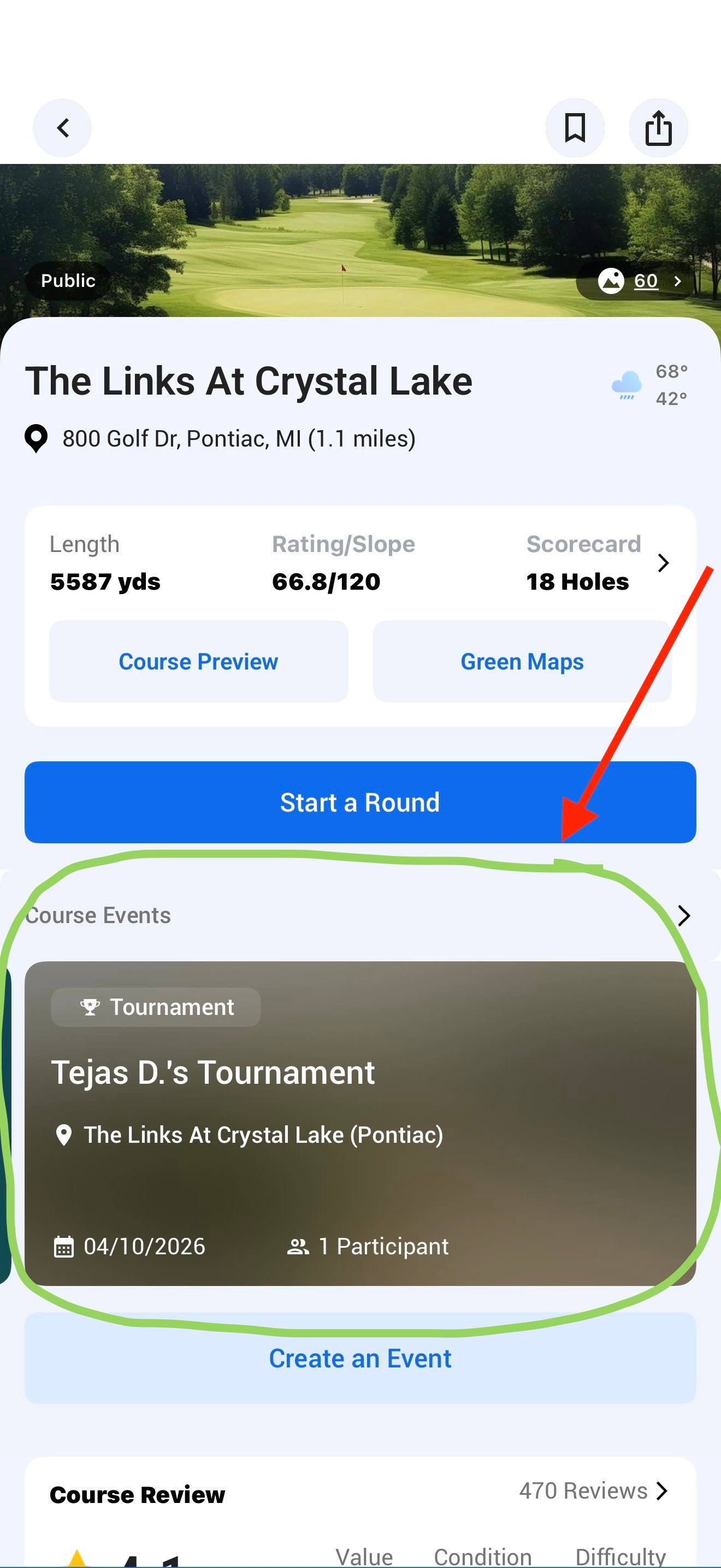 Course Events section with the tournament and league circled