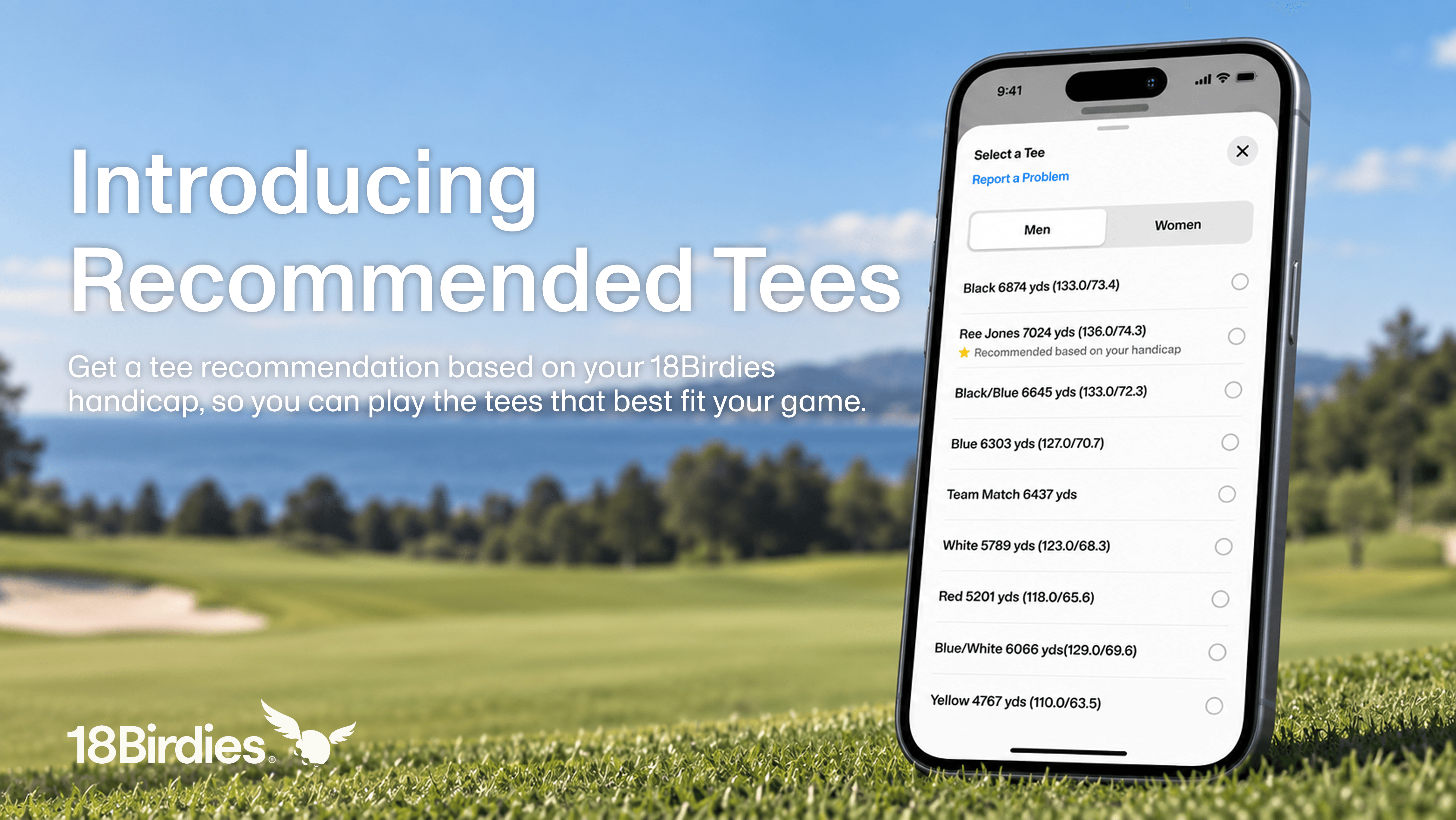 Recommended Tees in 18Birdies suggests the right tee box based on your handicap